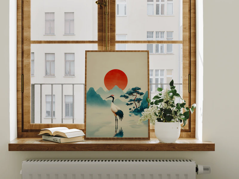 Red Sun Crane Wall Art Print - Image 7